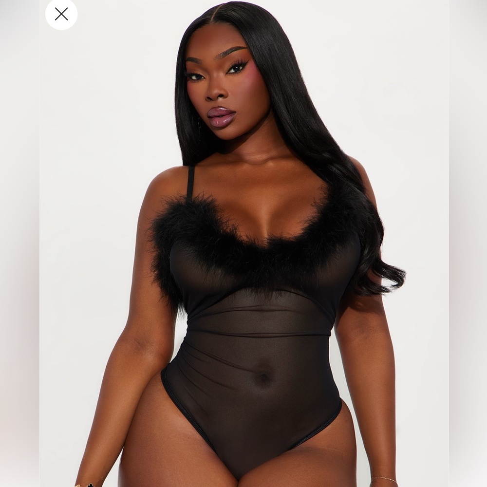 Black Sheer Bodysuit with Feather Trim